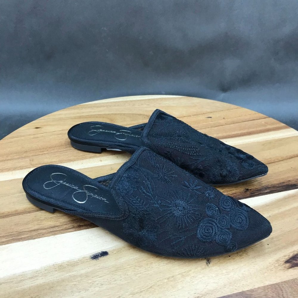 Jessica Simpson Black Floral Fabric Slip On Mules Shoes Womens Size 6 B